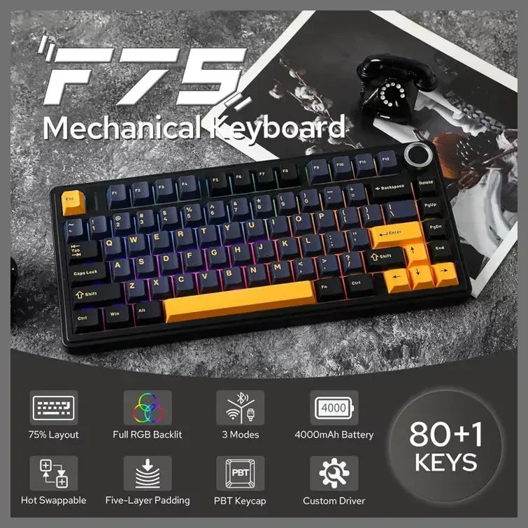 AULA F75 Tri-Mode Mechanical Gaming Keyboard - Thunder Black - Grey Wood Switch V3