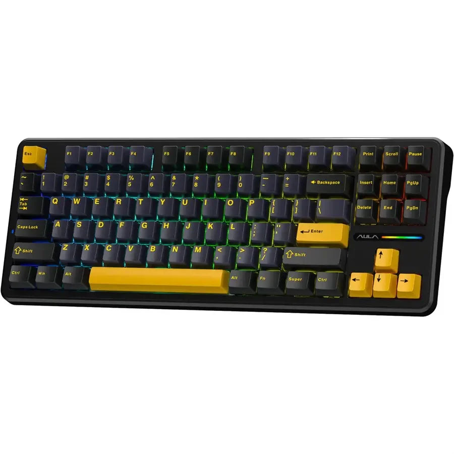 AULA F87 Side Engraved Tri-Mode Mechanical Gaming Keyboard - Black/Yellow Contour - Matcha Latte Switch