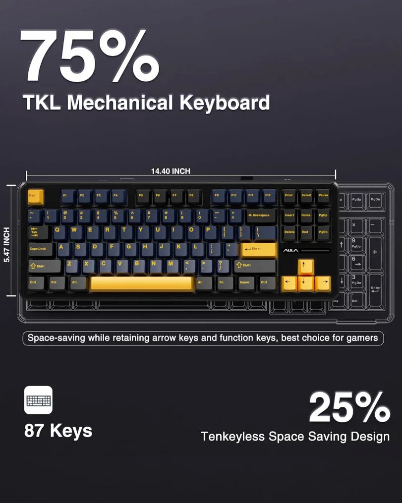 AULA F87 Side Engraved Tri-Mode Mechanical Gaming Keyboard - Black/Yellow Contour - Matcha Latte Switch