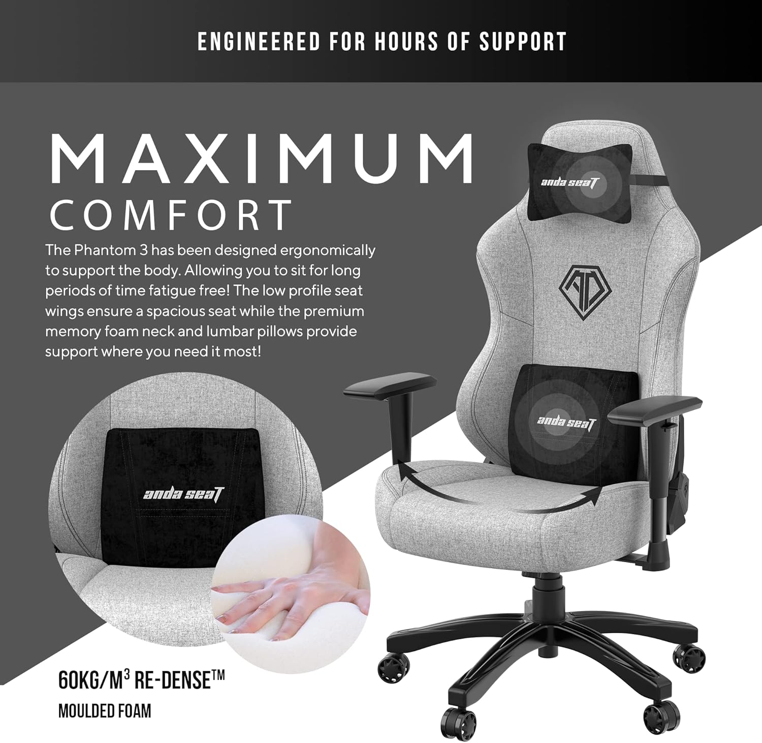 Anda Seat Phantom 3 Fabric Gaming Chair - Gray - PakByte  