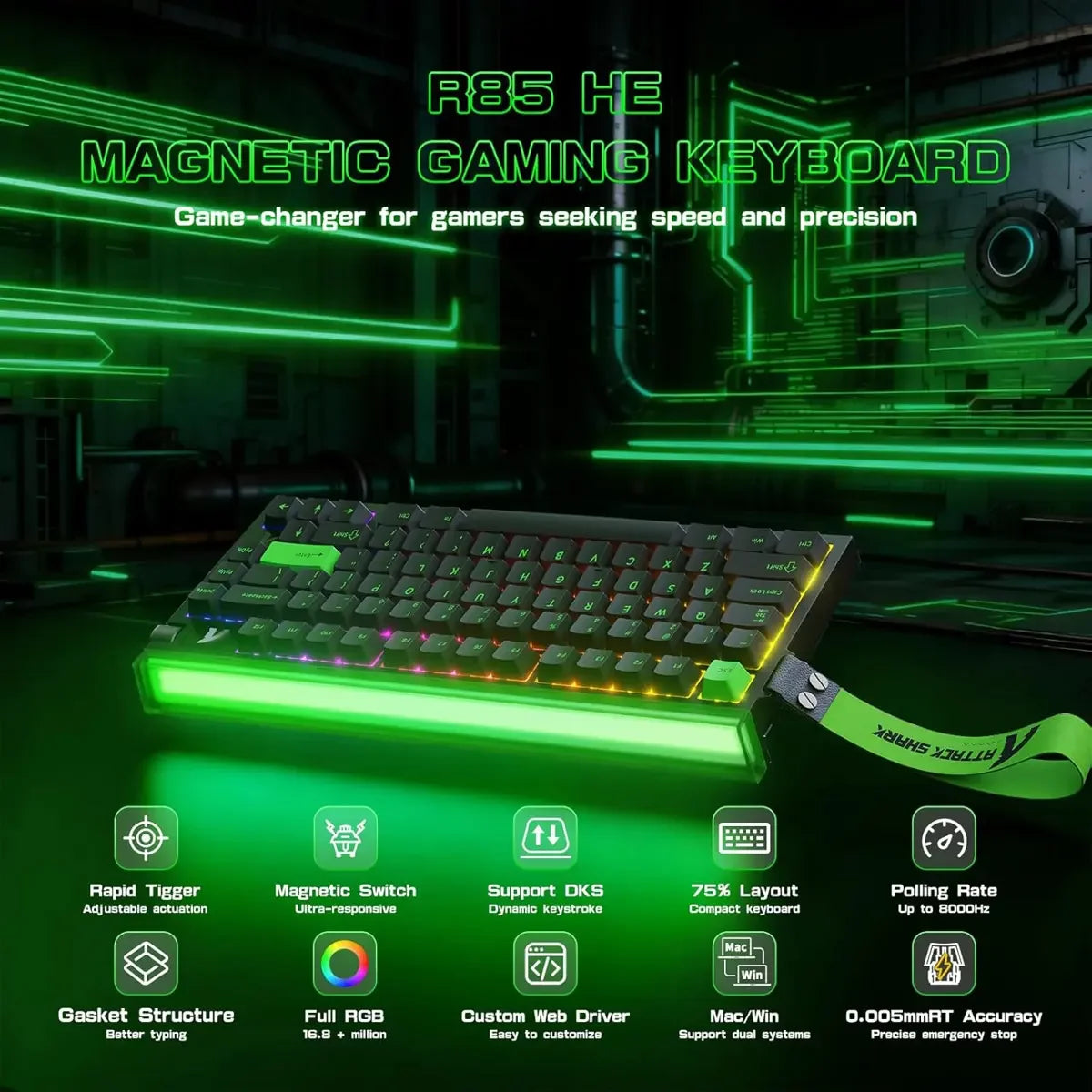 Attack Shark R85HE 75% Wired Rapid Trigger Magnetic Switch Gaming Keyboard - Green