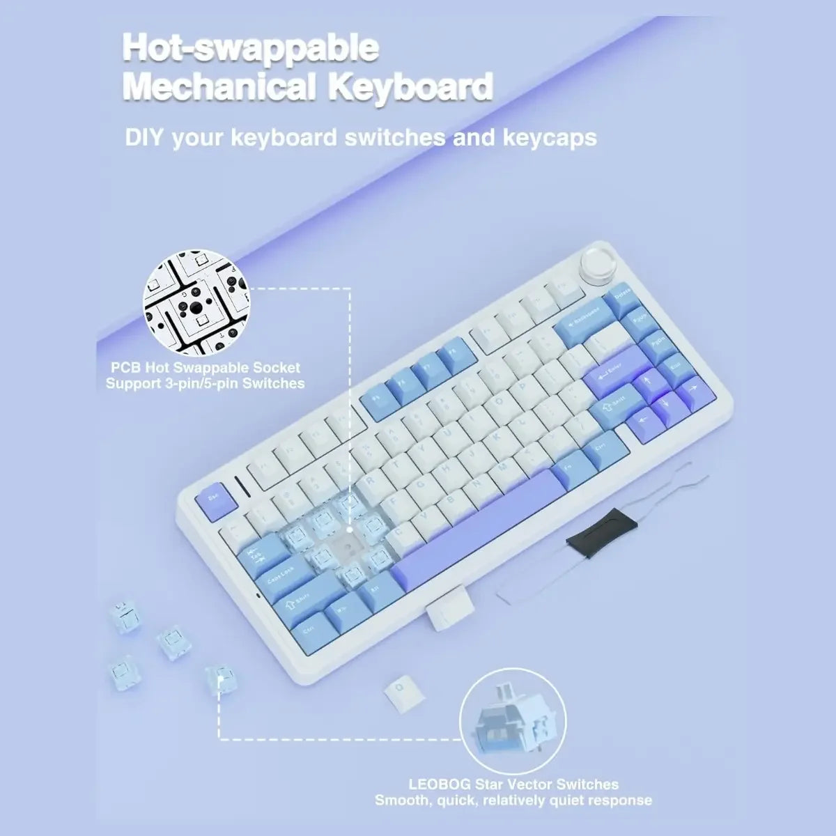 AULA F75 Tri-Mode Mechanical Gaming Keyboard - White/Blue/Purple - Star Vector Switch