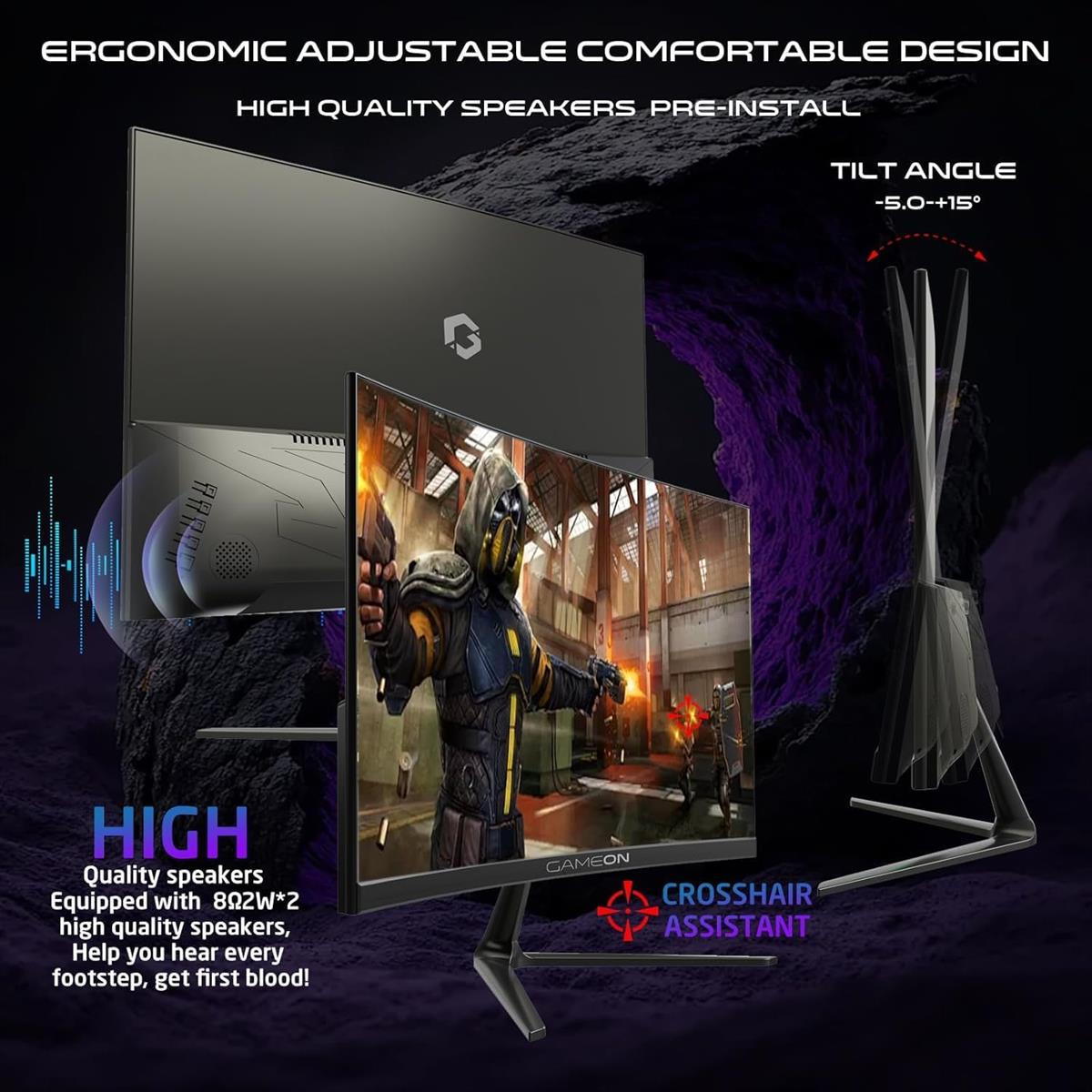 GameOn GOC24F120VA Pro Series 24" Curved 120hz Gaming Monitor, 1920x1080p FHD VA Panel, 1ms, HDMI 2.1, Freesync, Crosshair assistant, Built-in Speakers, Supports PS5, VRR - PakByte Computers  