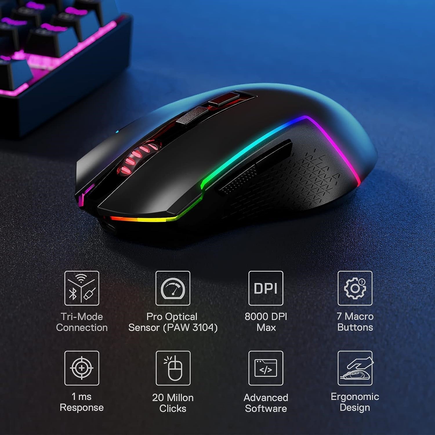 Redragon TRIDENT LITE M693 Wireless Bluetooth RGB Gaming Mouse