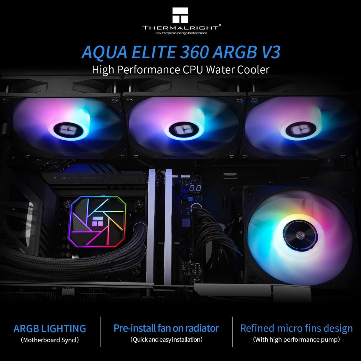 Thermalright Aqua Elite 360 V3 ARGB AIO 360mm Liquid CPU Cooler - Black - PakByte Computers  