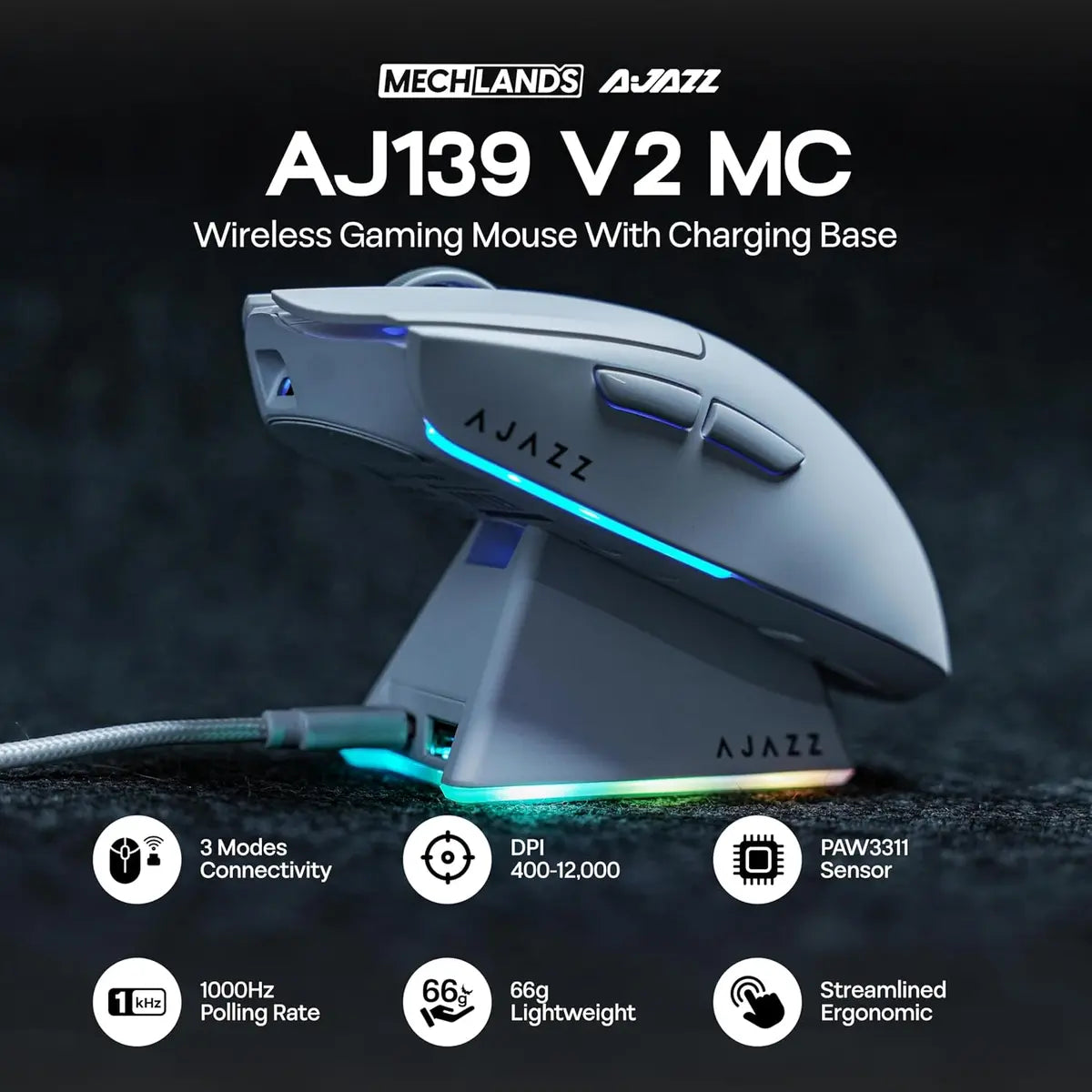 Ajazz AJ139 V2 MC Gaming Mouse with Charging Base - White