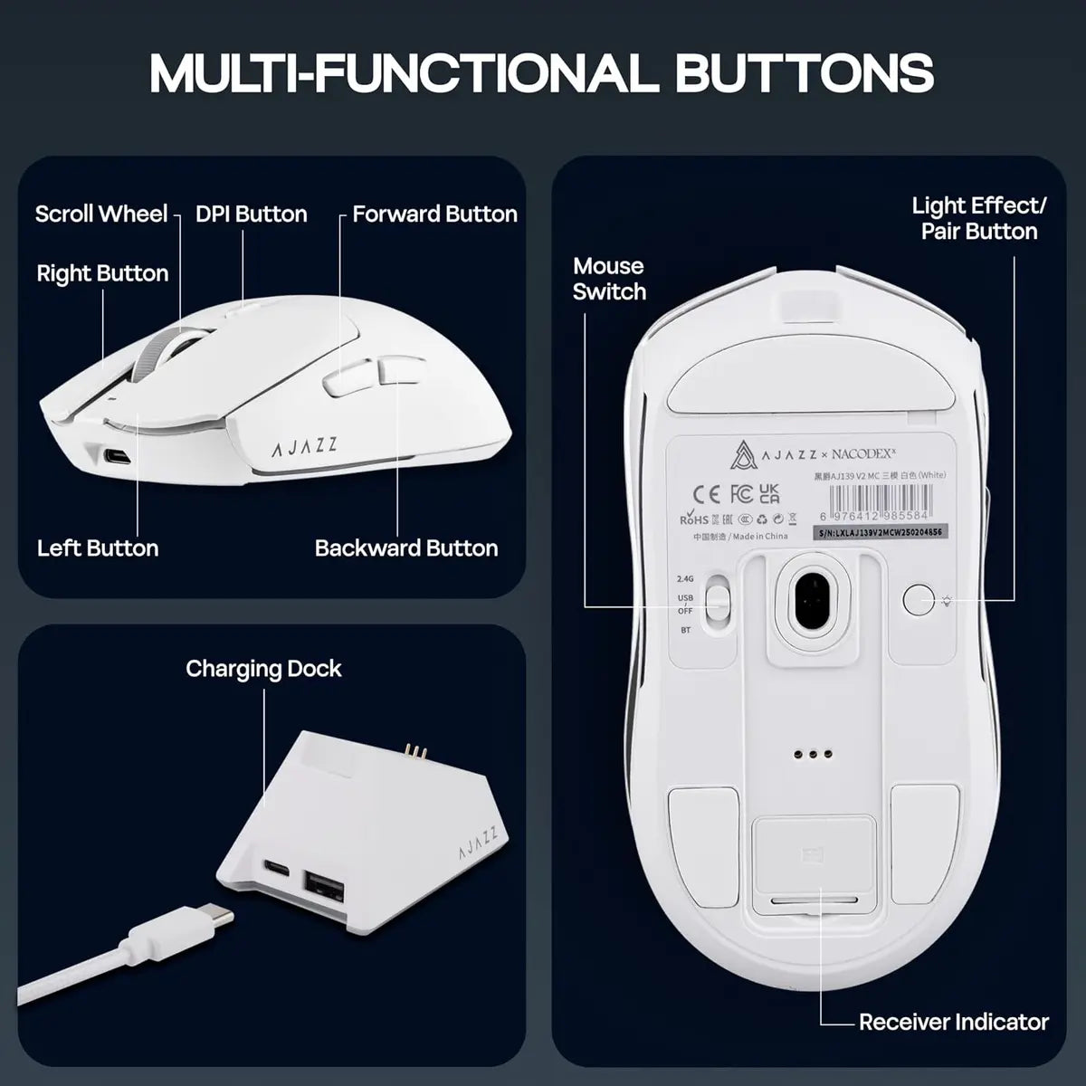 Ajazz AJ139 V2 MC Gaming Mouse with Charging Base - White