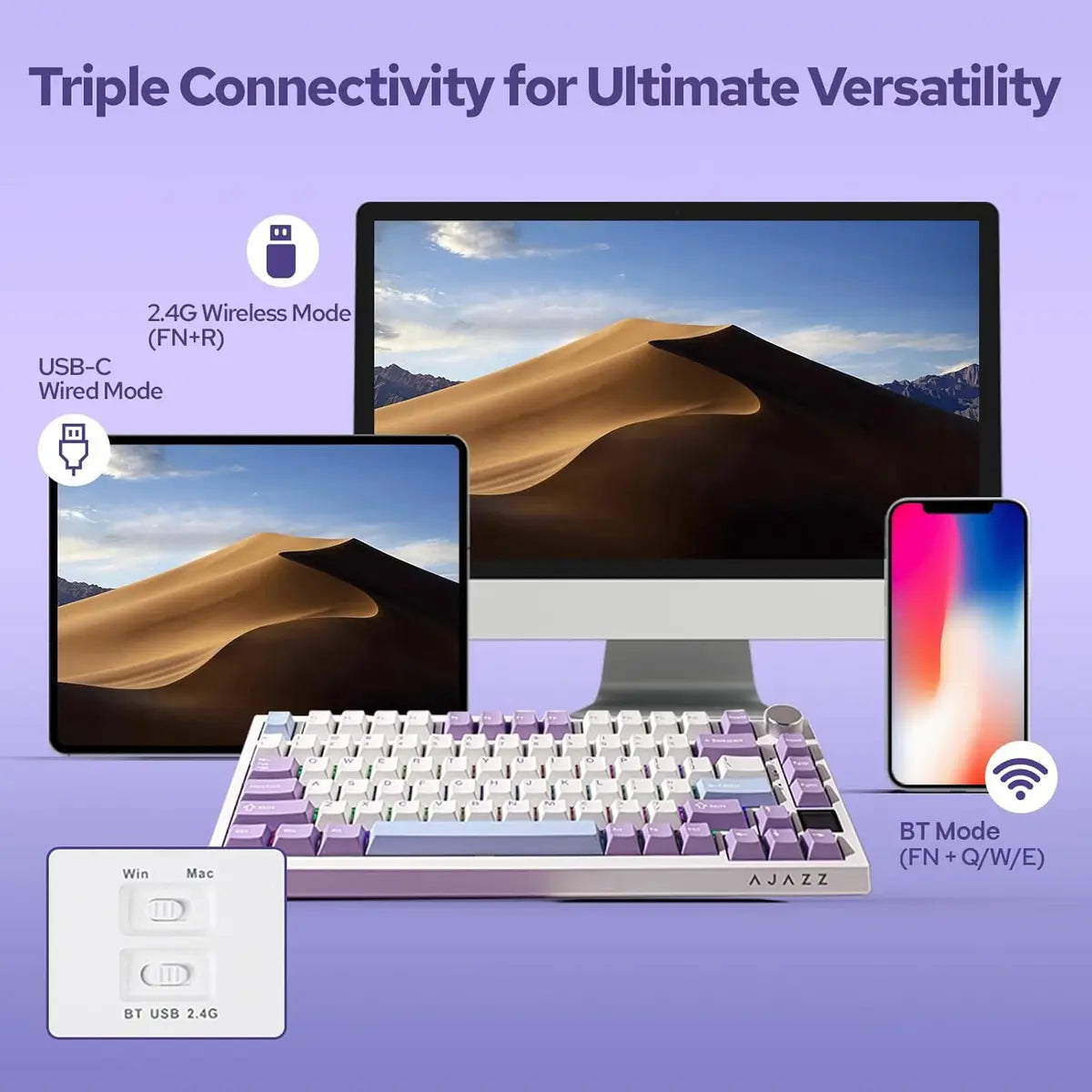 Ajazz AK820 Pro 75% Mechanical Keyboard - White/Purple/Yellow