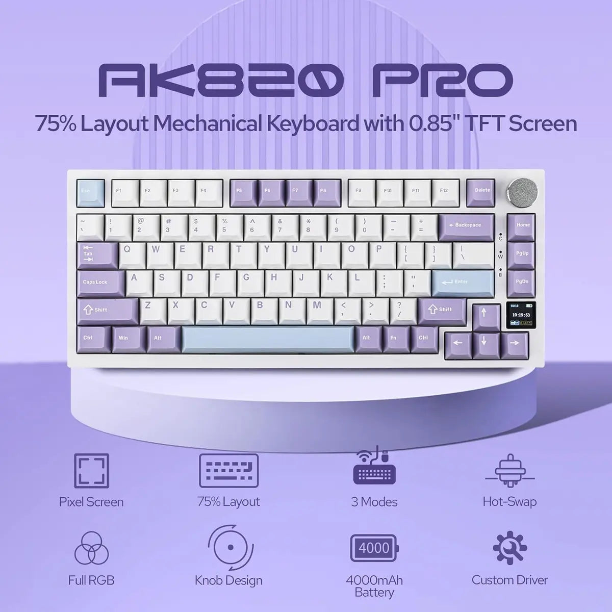 Ajazz AK820 Pro 75% Mechanical Keyboard - White/Purple/Yellow