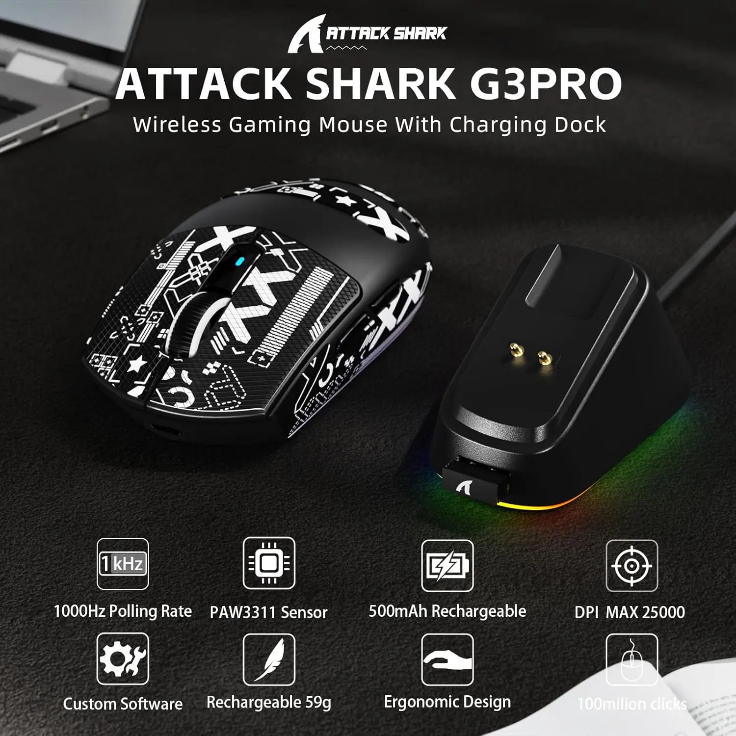 Attack Shark G3 Pro Wireless Gaming Mouse with Charging Dock - Black - PakByte Computers  