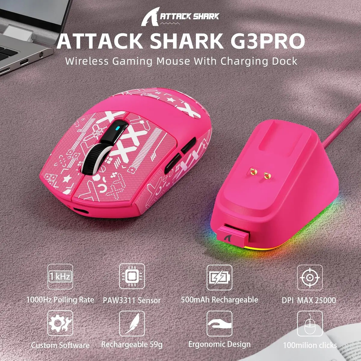 Attack Shark G3Pro Wireless Gaming Mouse - Berry Red