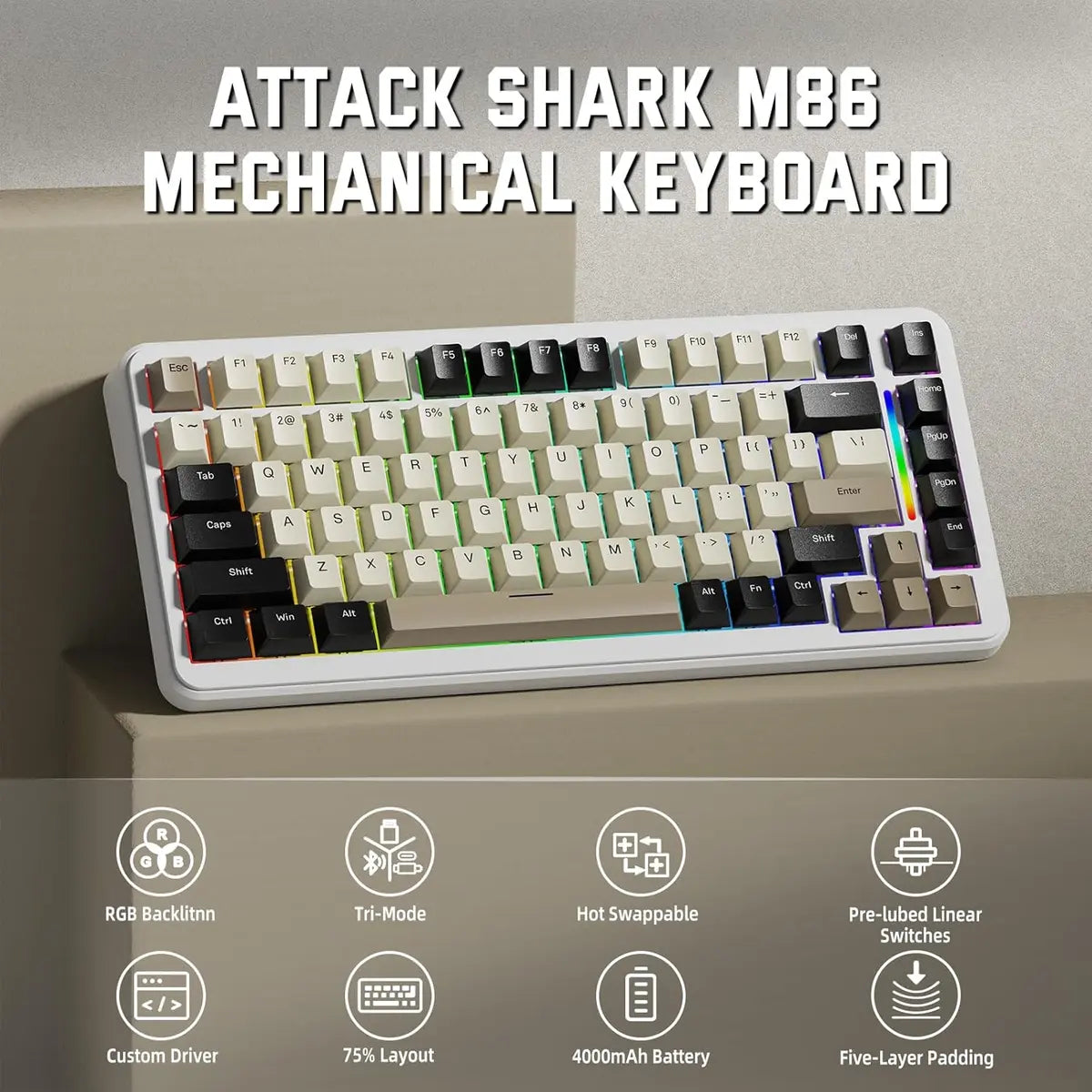 Attack Shark M86 Wireless Mechanical Keyboard - Cheese White