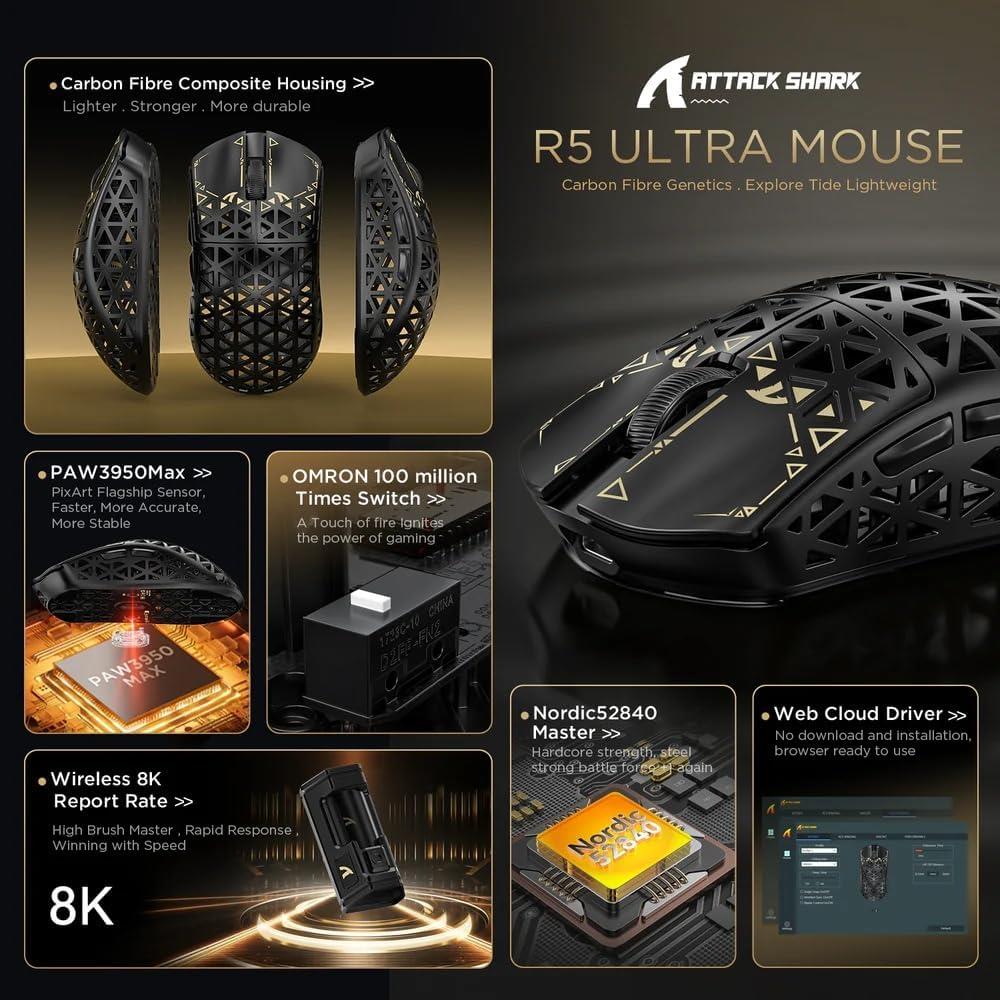 Attack Shark R5 Ultra 8K Carbon Fiber Wireless Gaming Mouse - Black