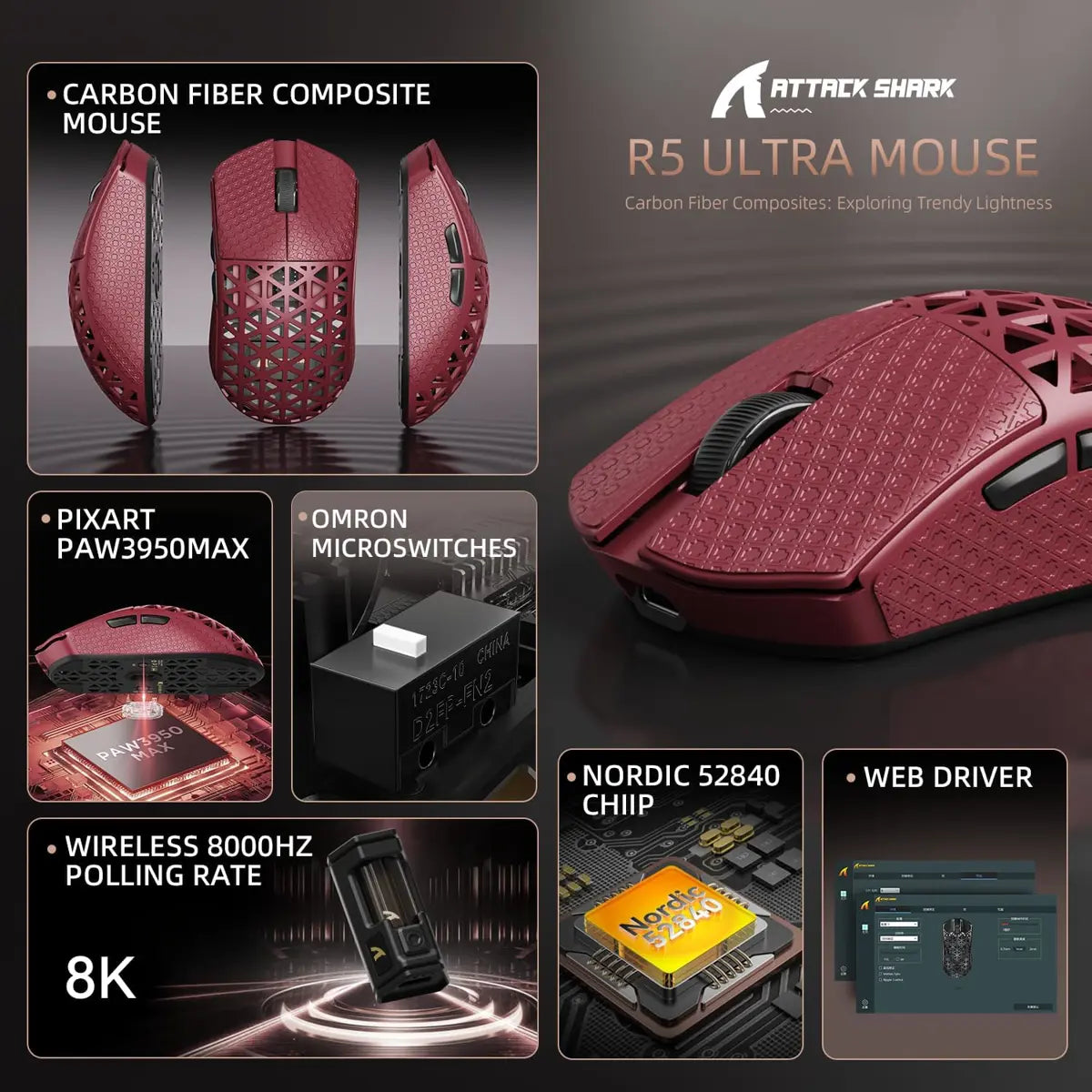 Attack Shark R5 Ultra 8K Carbon Fiber Wireless Gaming Mouse - Red