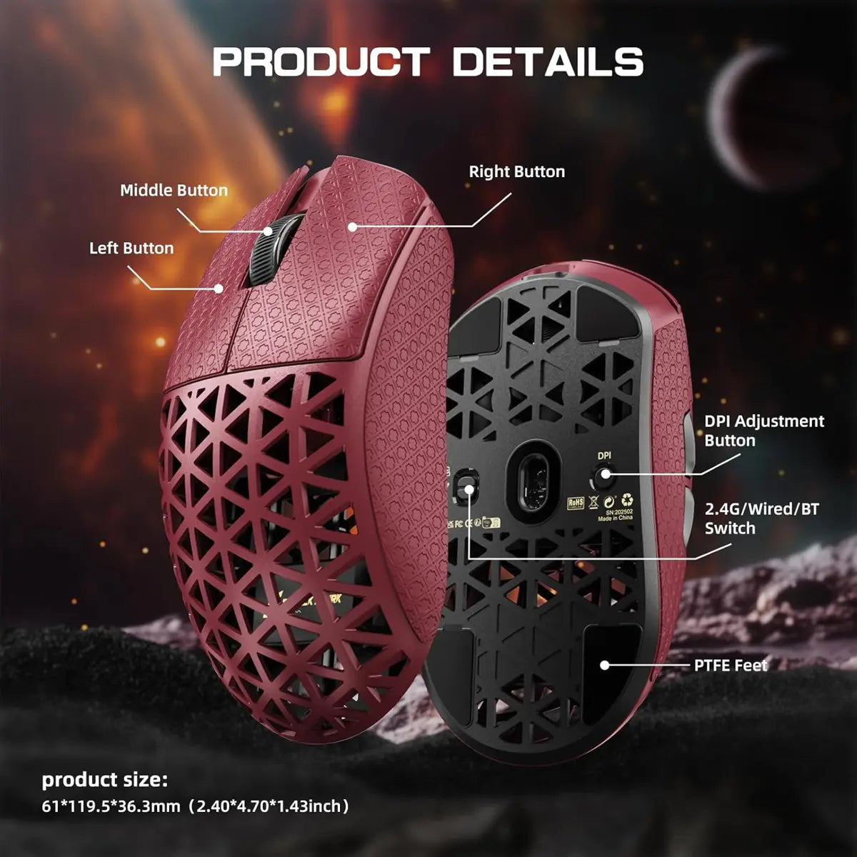 Attack Shark R5 Ultra 8K Carbon Fiber Wireless Gaming Mouse - Red