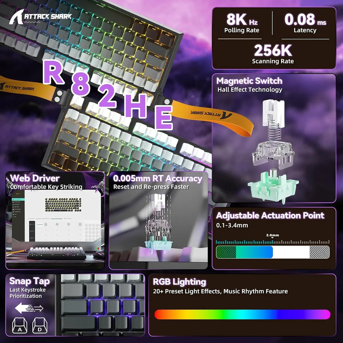 Attack Shark R82 HE Rapid Trigger Wired Mechanical Gaming Keyboard - Moonlight