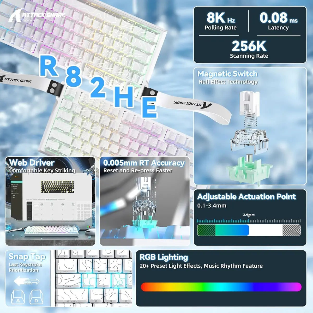 Attack Shark R82 HE Rapid Trigger Wired Mechanical Gaming Keyboard - White Contour