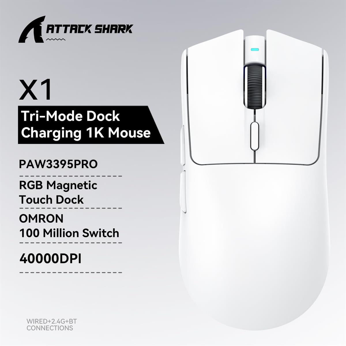 Attack Shark X1 Wireless Gaming Mouse with RGB Charging Dock - White