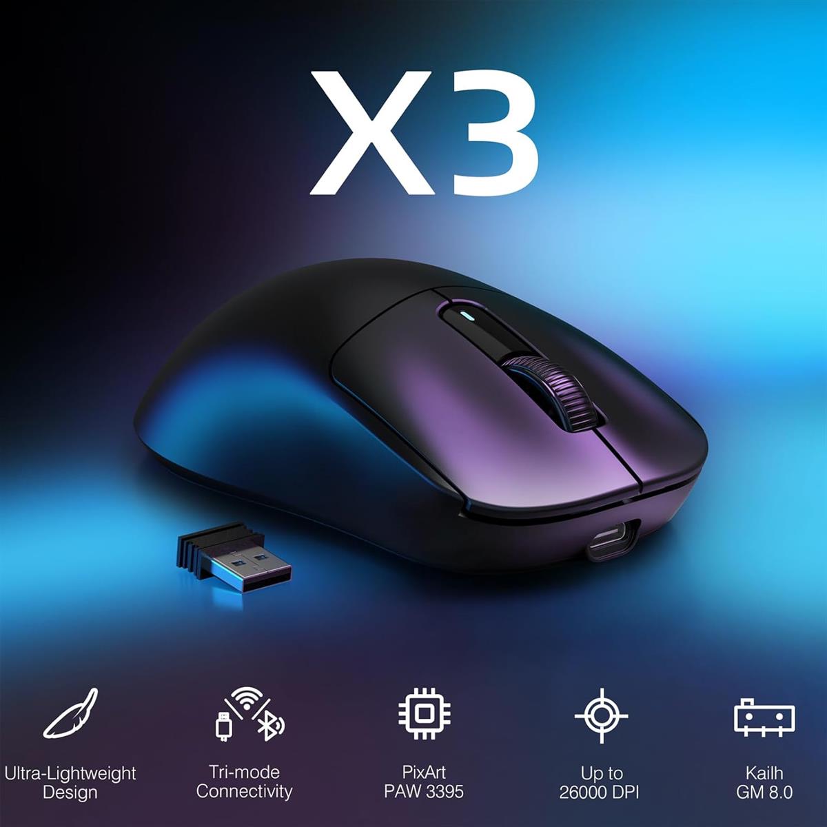 Attack Shark X3 49g Tri-Mode Lightweight Wireless Gaming Mouse - Black