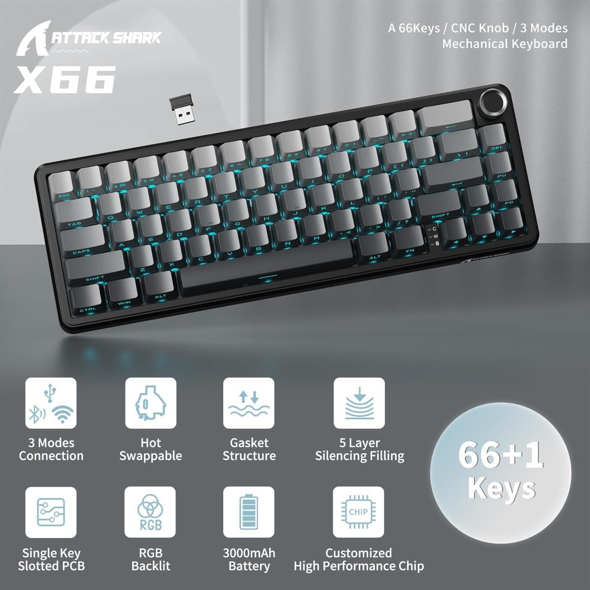Attack Shark X66 Wireless Mechanical Gaming Keyboard - Moonlit Night - PakByte Computers  