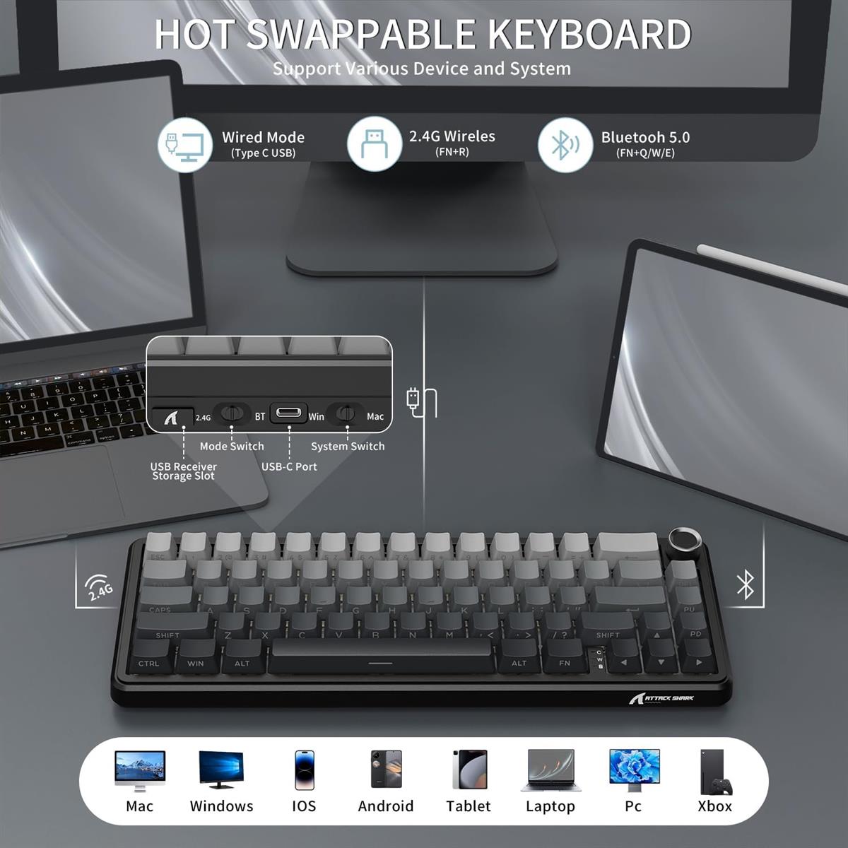 Attack Shark X66 Wireless Mechanical Gaming Keyboard - Moonlit Night - PakByte Computers  