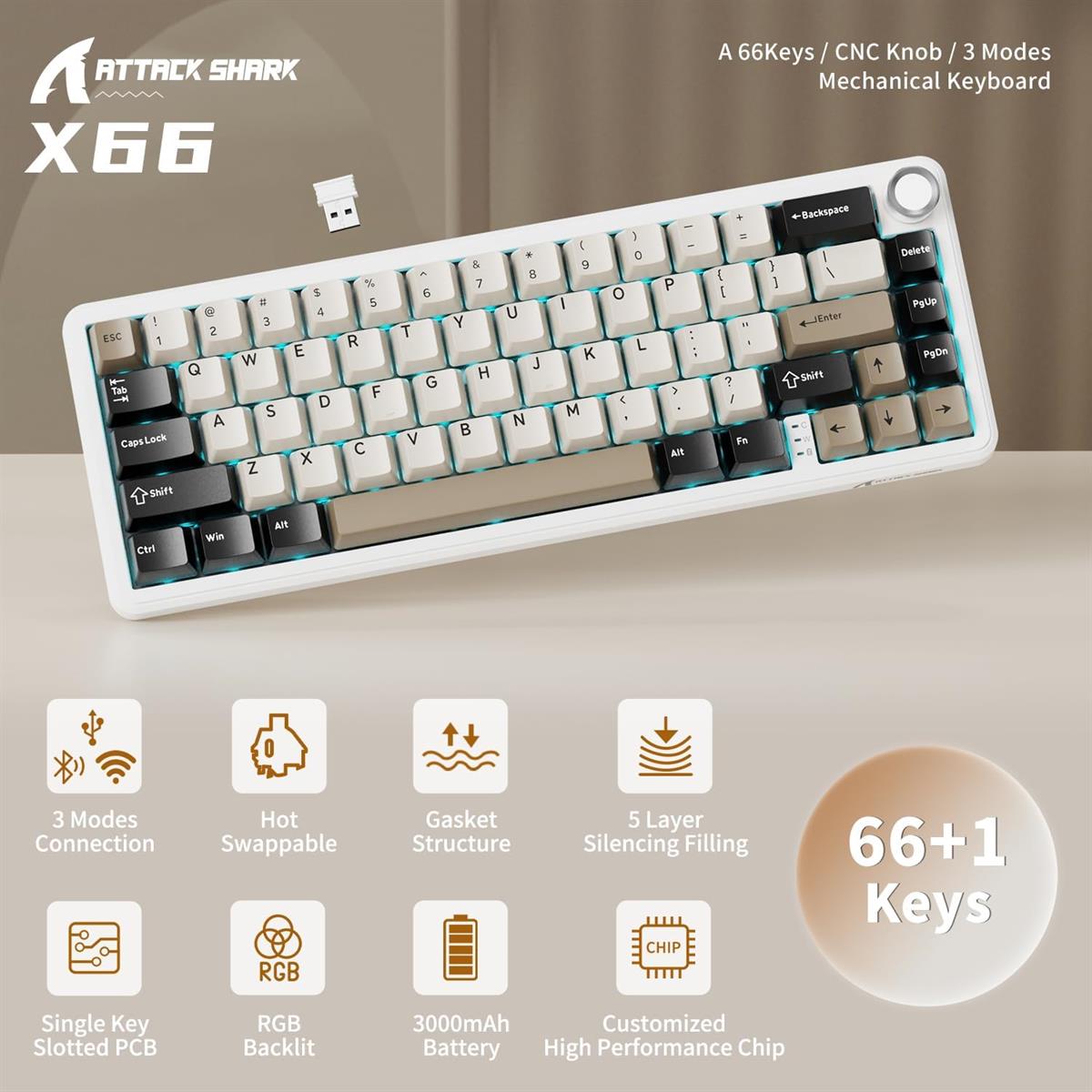 Attack Shark X66 Wireless Mechanical Gaming Keyboard - White Cheese - PakByte Computers  