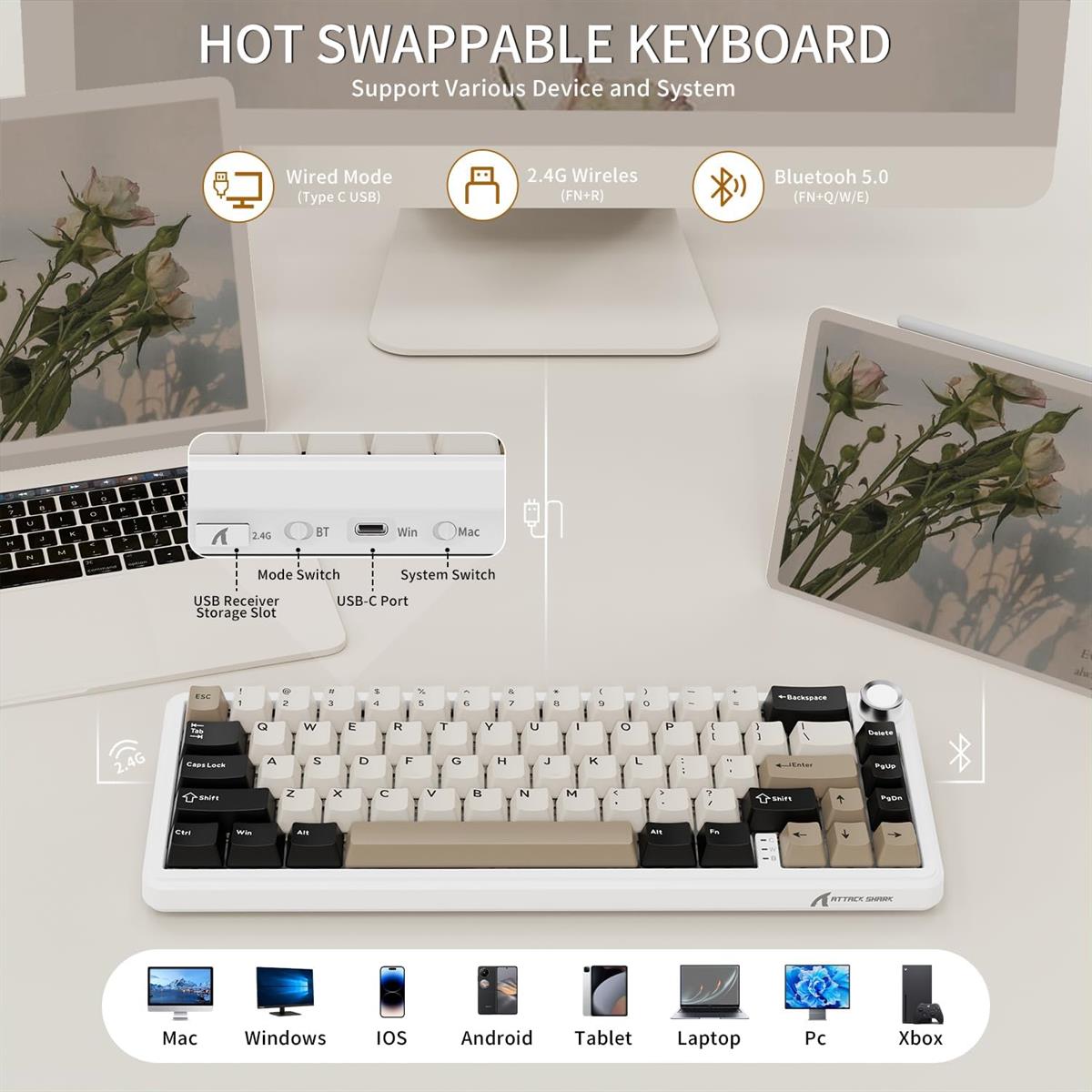 Attack Shark X66 Wireless Mechanical Gaming Keyboard - White Cheese - PakByte Computers  