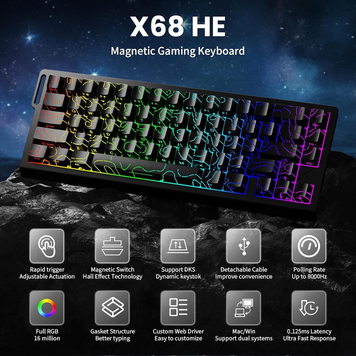 Attack Shark X68 HE 60% Wired Gaming Keyboard - Black Contours