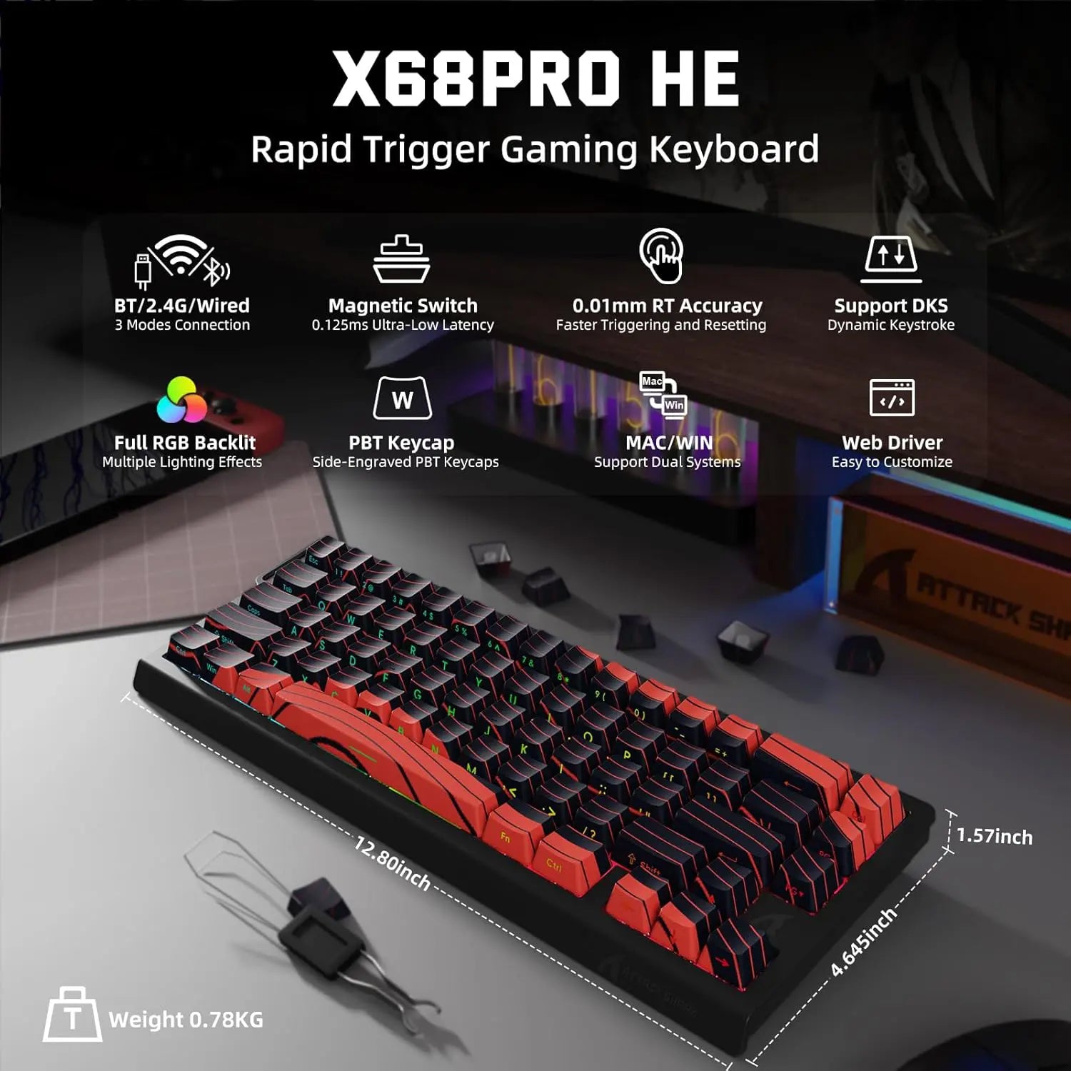 Attack Shark X68 PRO HE Wireless Rapid Trigger Gaming Keyboard - Black/Red Contour