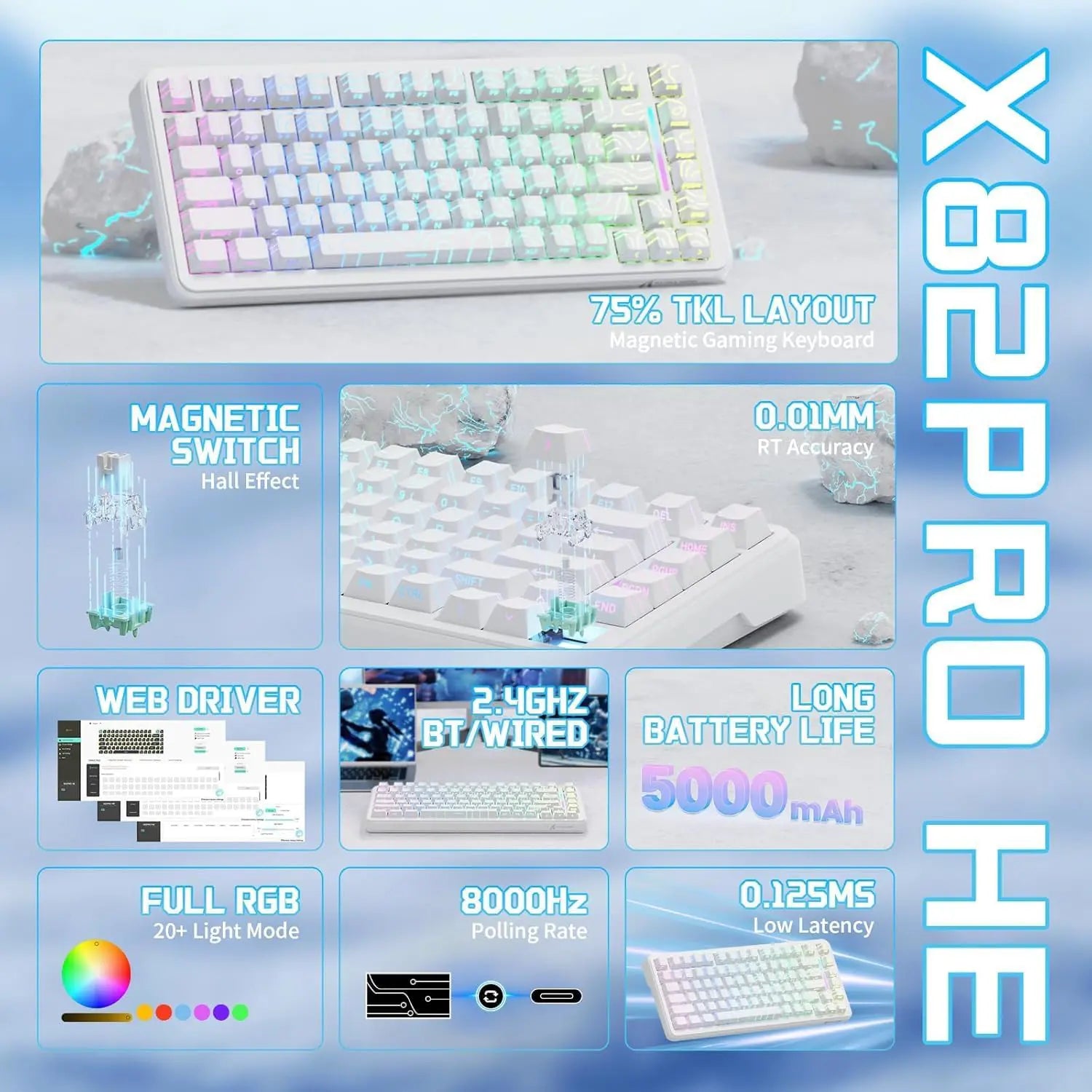 Attack Shark X82 Pro HE Wireless Gaming Keyboard - White Contour - PakByte Computers  