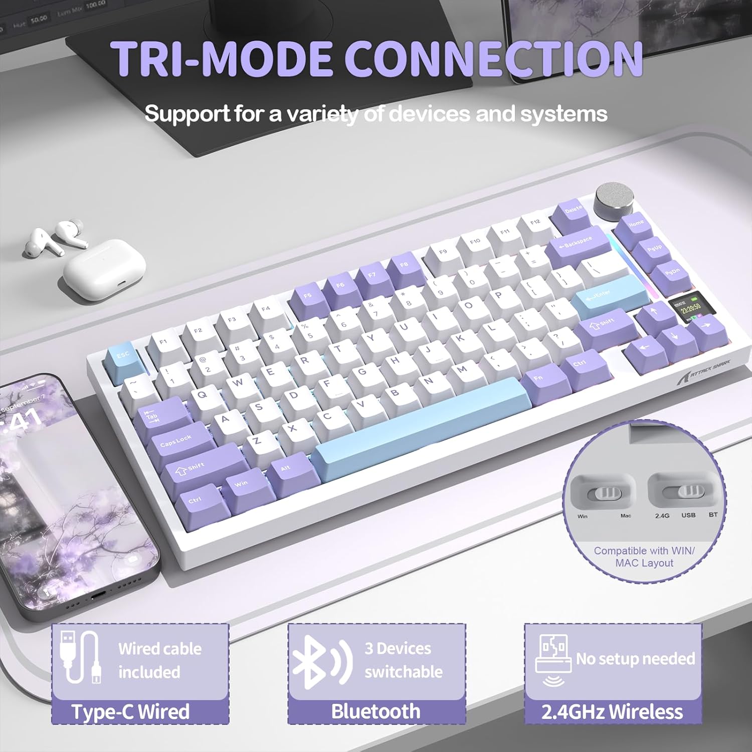 Attack Shark X820 Ultra Wireless Keyboard - Lavender Blue - PakByte Computers  