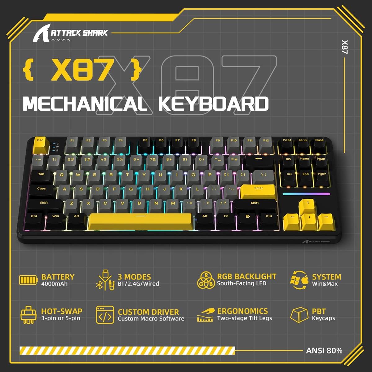 Attack Shark X87 Wireless Mechanical Keyboard - Star Black - PakByte Computers  