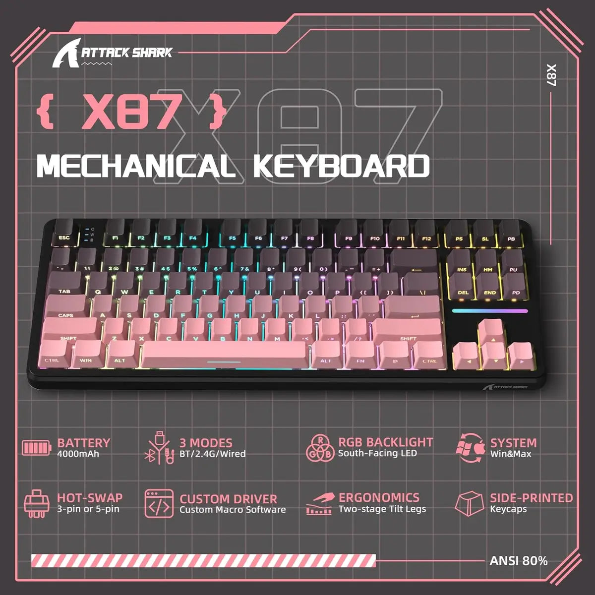 Attack Shark X87 75% Wireless Mechanical Keyboard - Blackberry