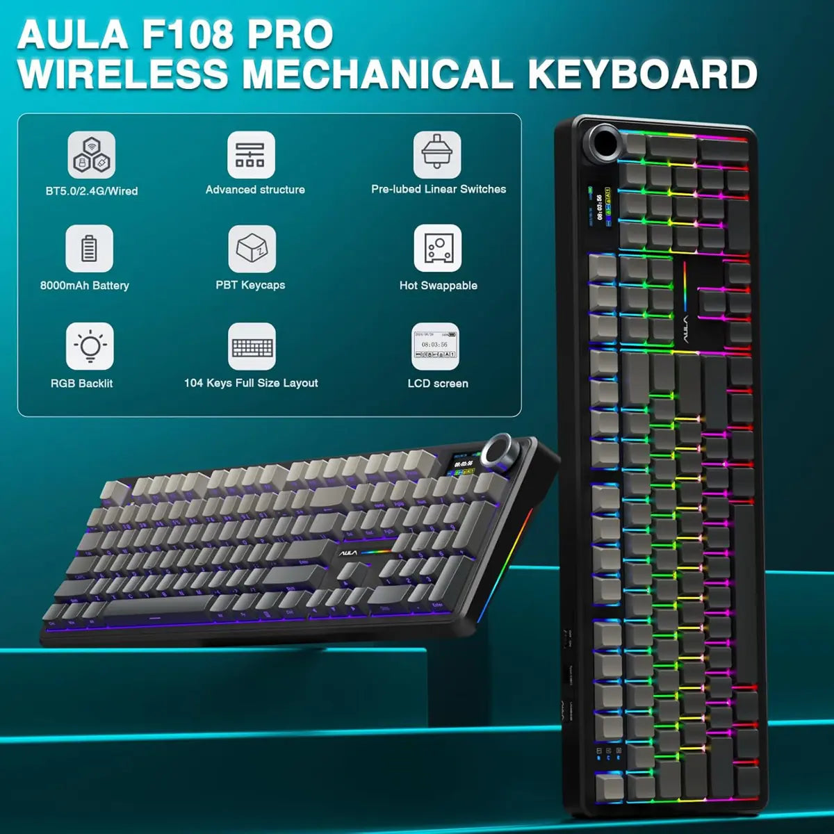 Aula F108 PRO Wireless Mechanical Keyboard - Gradient Gray