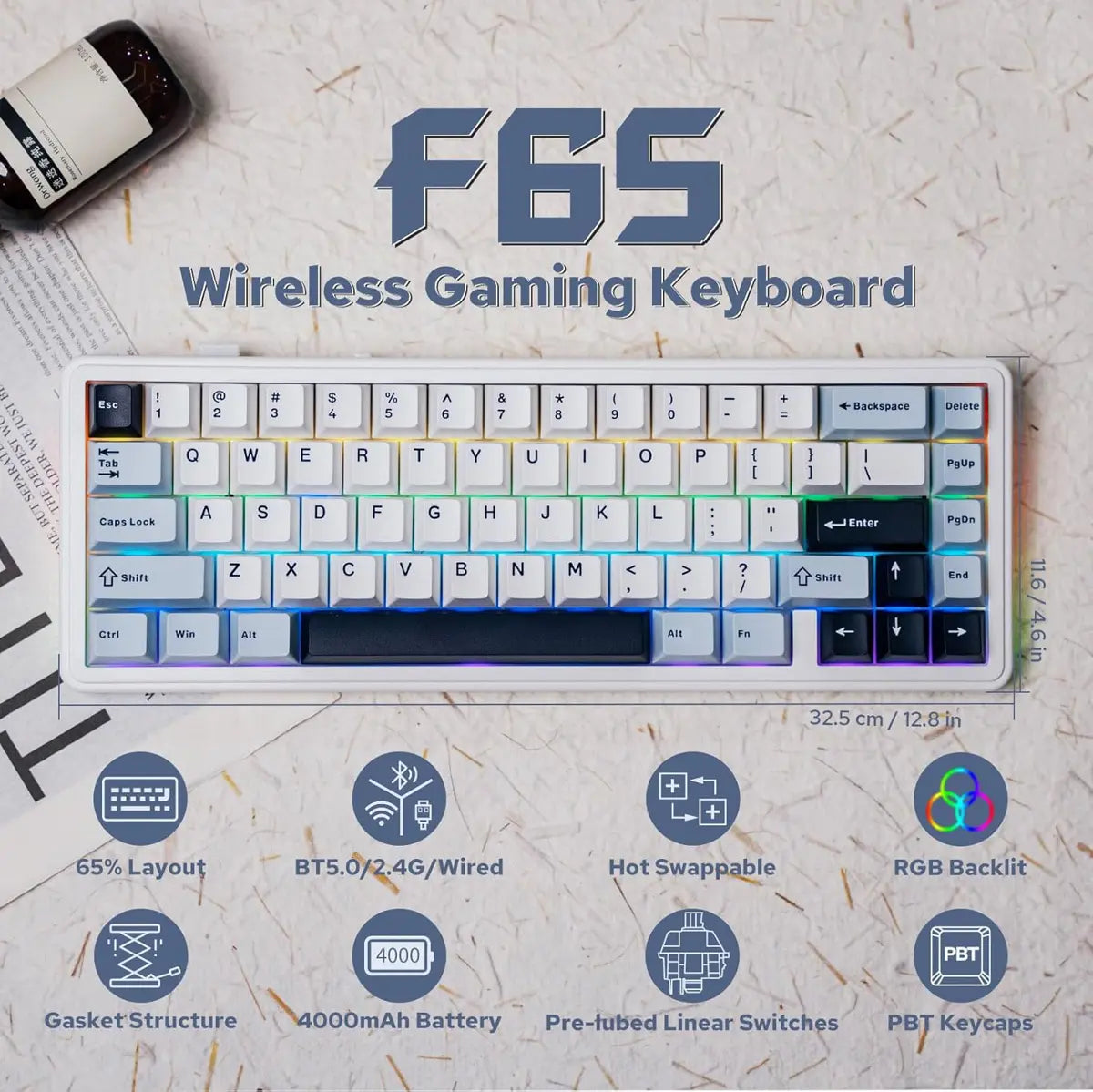 Aula F65 65% Wireless Mechanical Keyboard - White/Pink/Black
