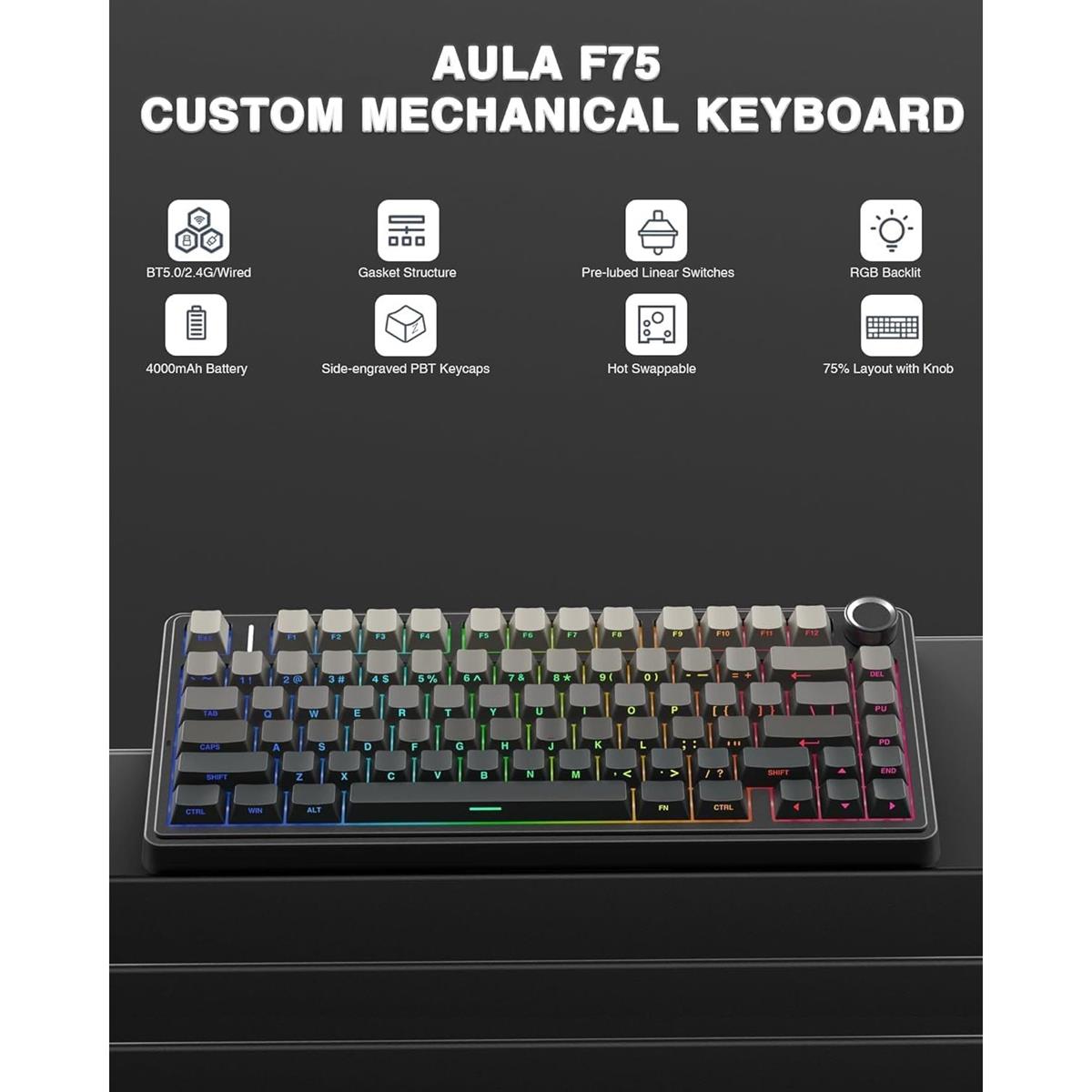 Aula F75 Wireless 75% Gasket Hot Swappable Custom Keyboard -Gradient Gray