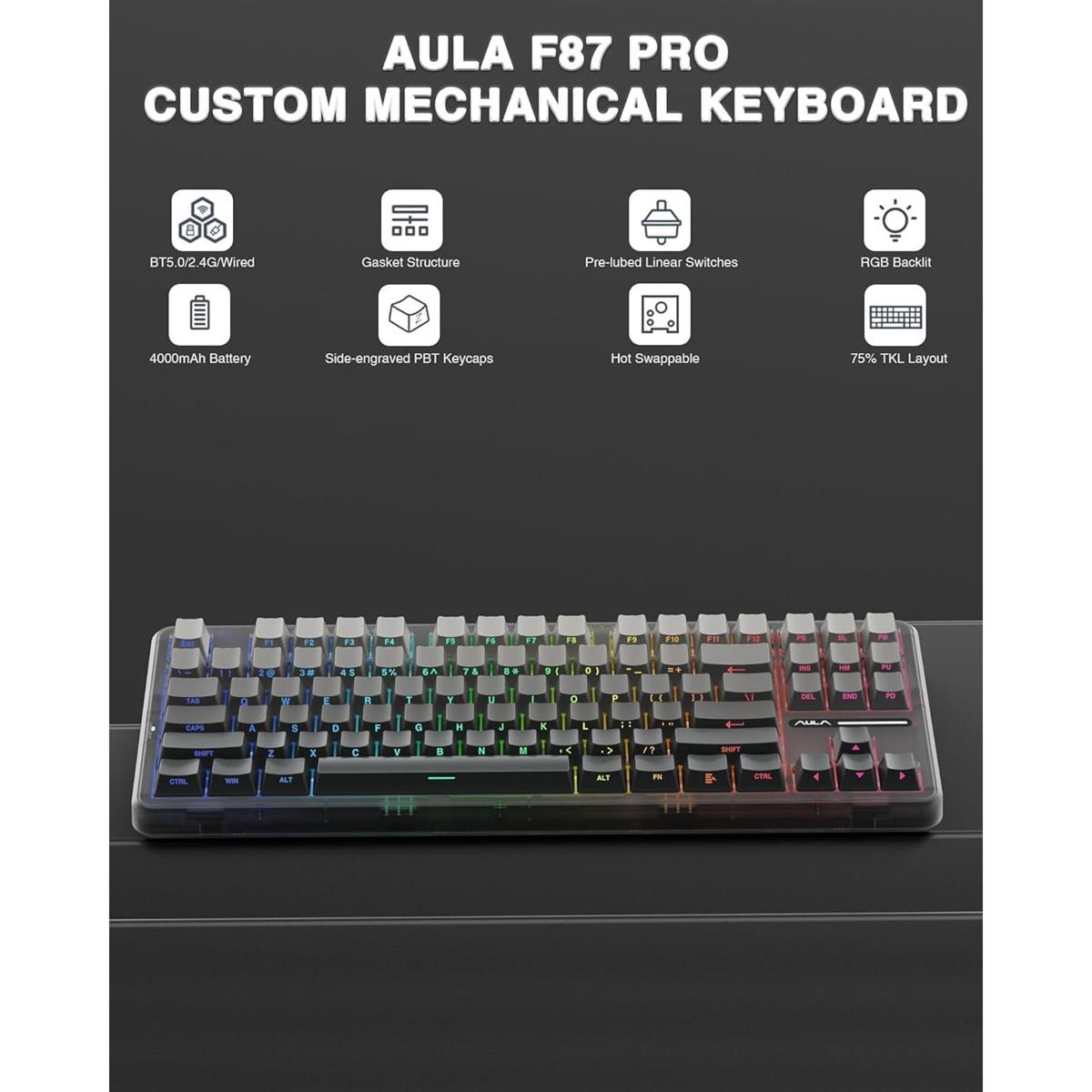 Aula F87 Pro Wireless Mechanical Tri-Mode Gasket Hot Swappable Custom Keyboard - Gradient Gray
