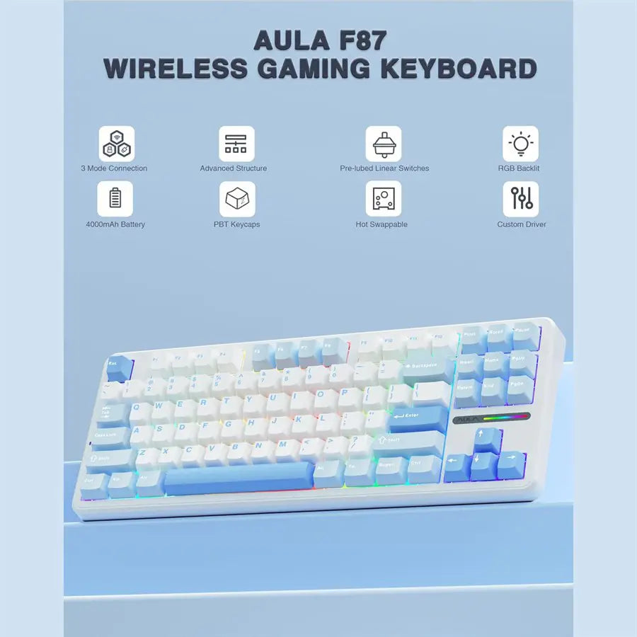 AULA F87 Wireless 75% TKL Mechanical Keyboard - Blue White / Dark Blue