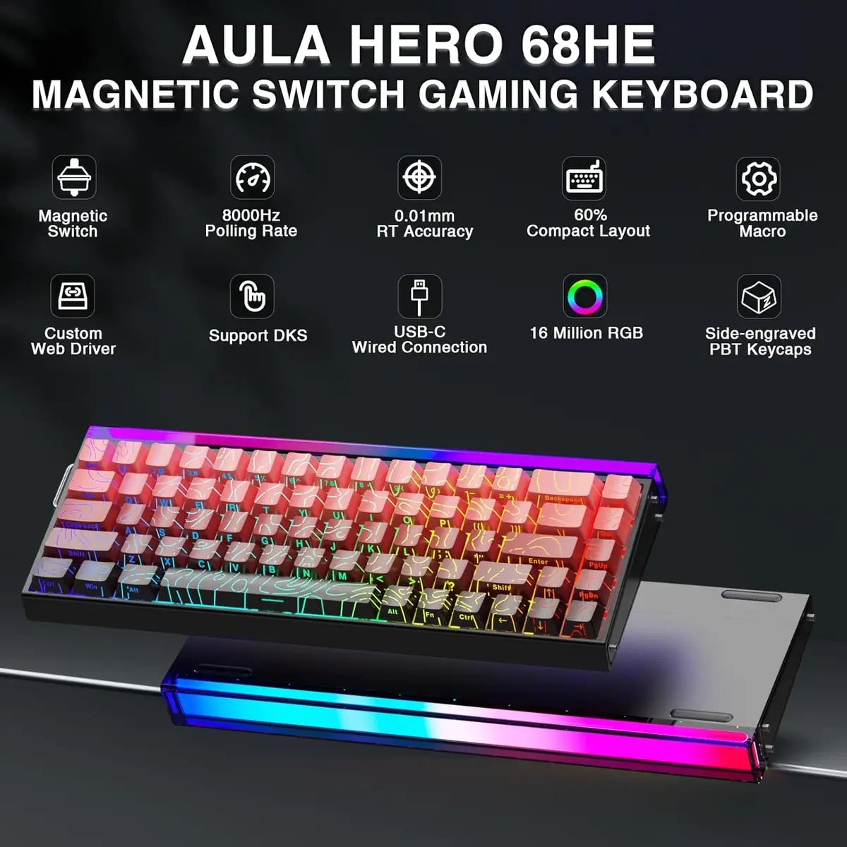 Aula Hero 68 HE Wired Side Engraved Gaming Keyboard - Gradient Black/Red