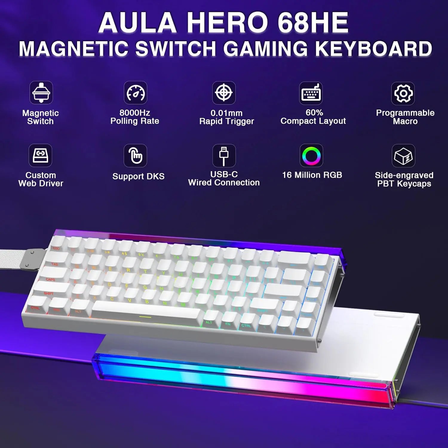 Aula Hero 68 HE 60% Gaming Keyboard Wired, Hall Effect Magnetic Switch Keyboard - White Contour