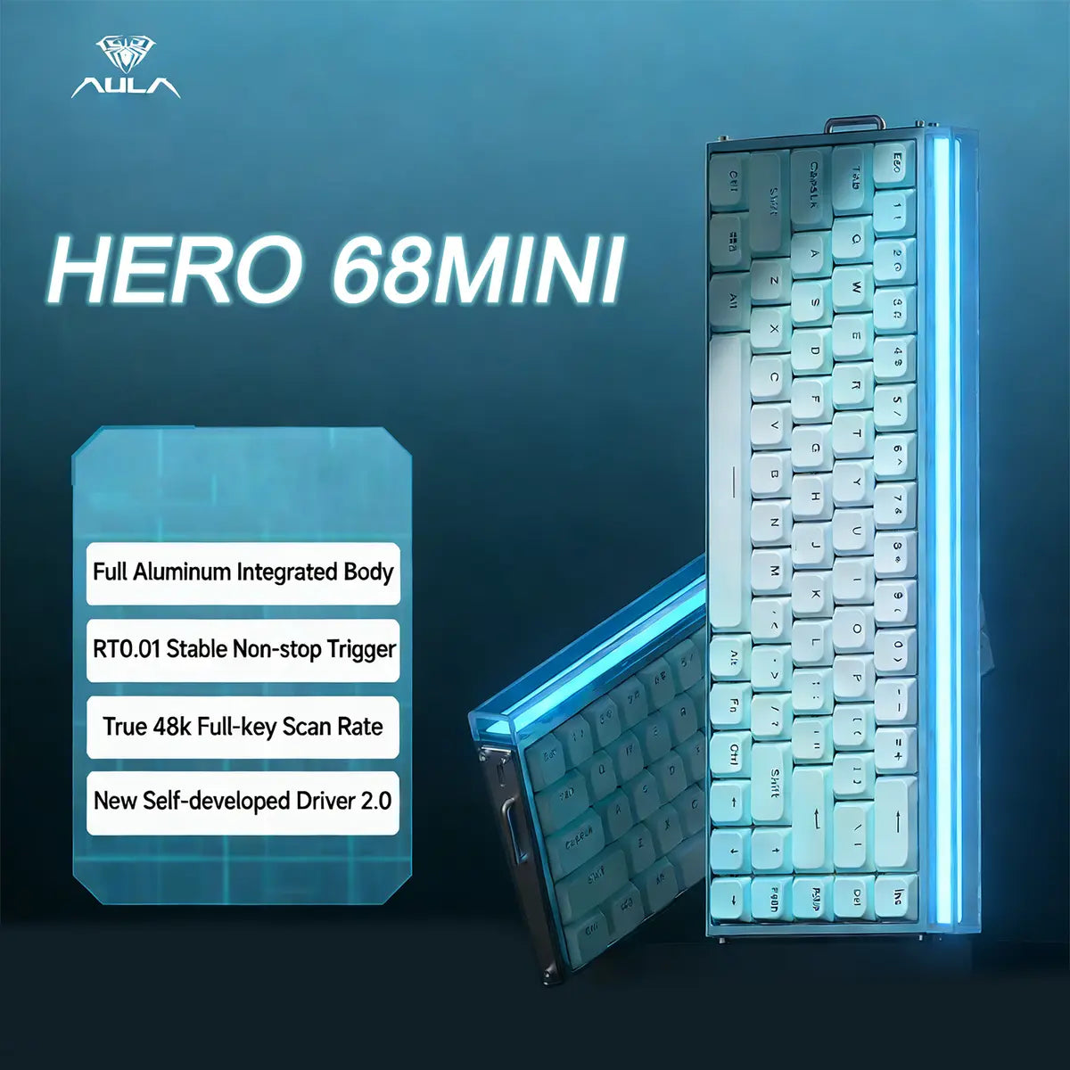 Aula Hero 68 Mini Keyboard with Low-Profile Magnetic Switches - Ice Light Blue