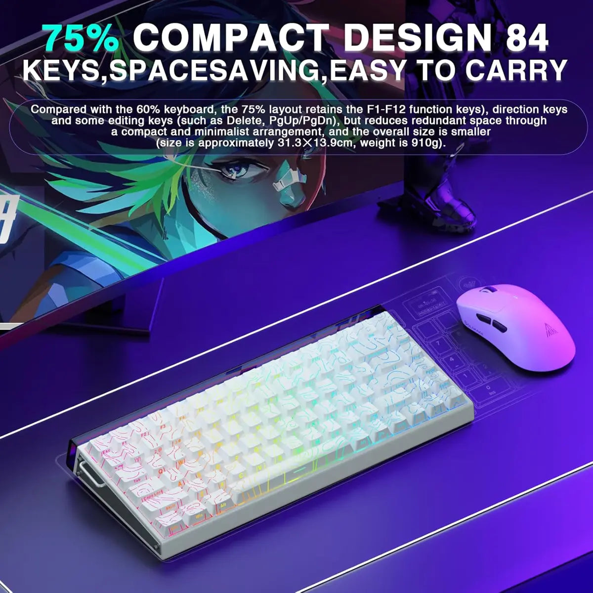 Aula Hero 84 HE 75% Mechanical Hall Effect Magnetic Switches Keyboard - White Contour