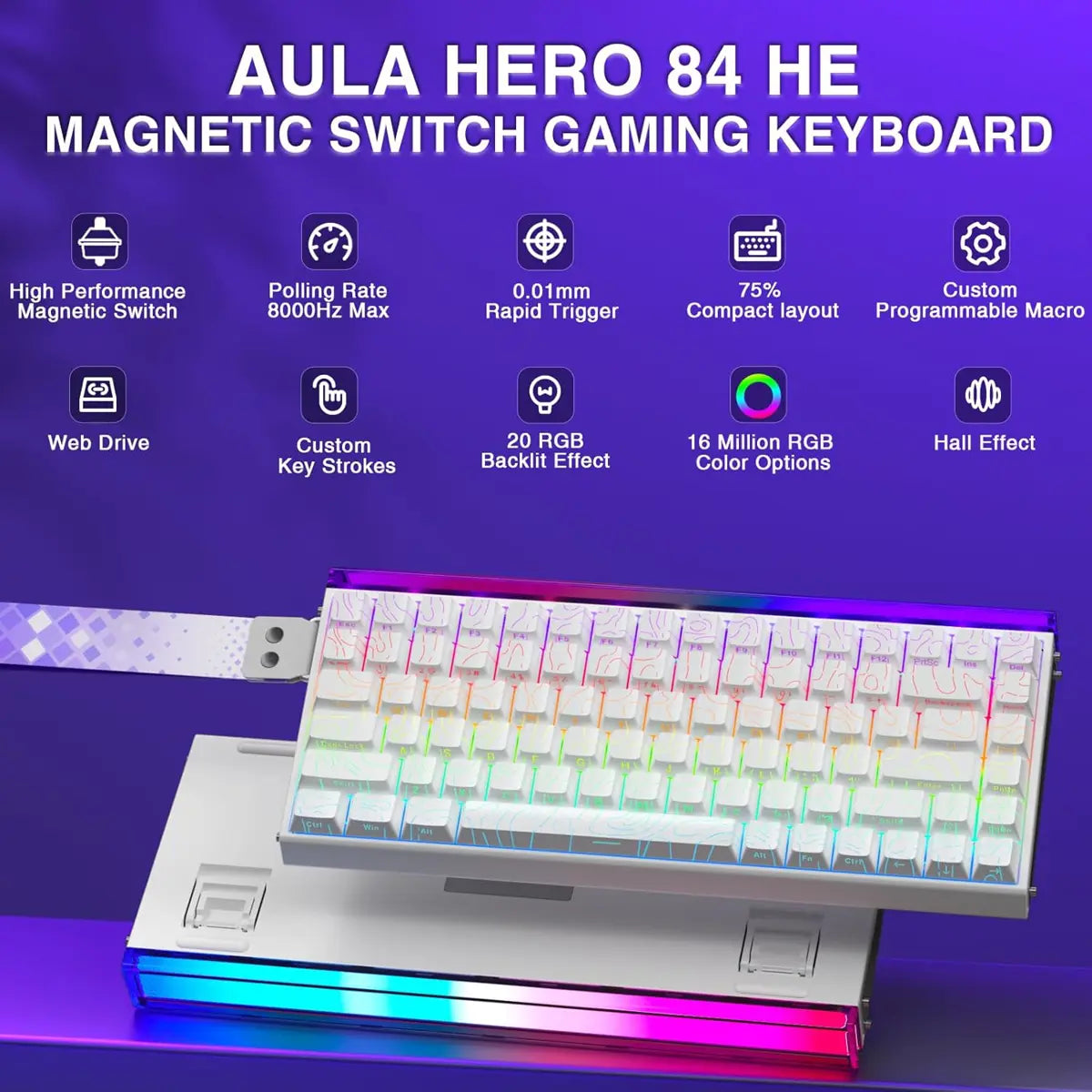 Aula Hero 84 HE 75% Mechanical Hall Effect Magnetic Switches Keyboard - White Contour