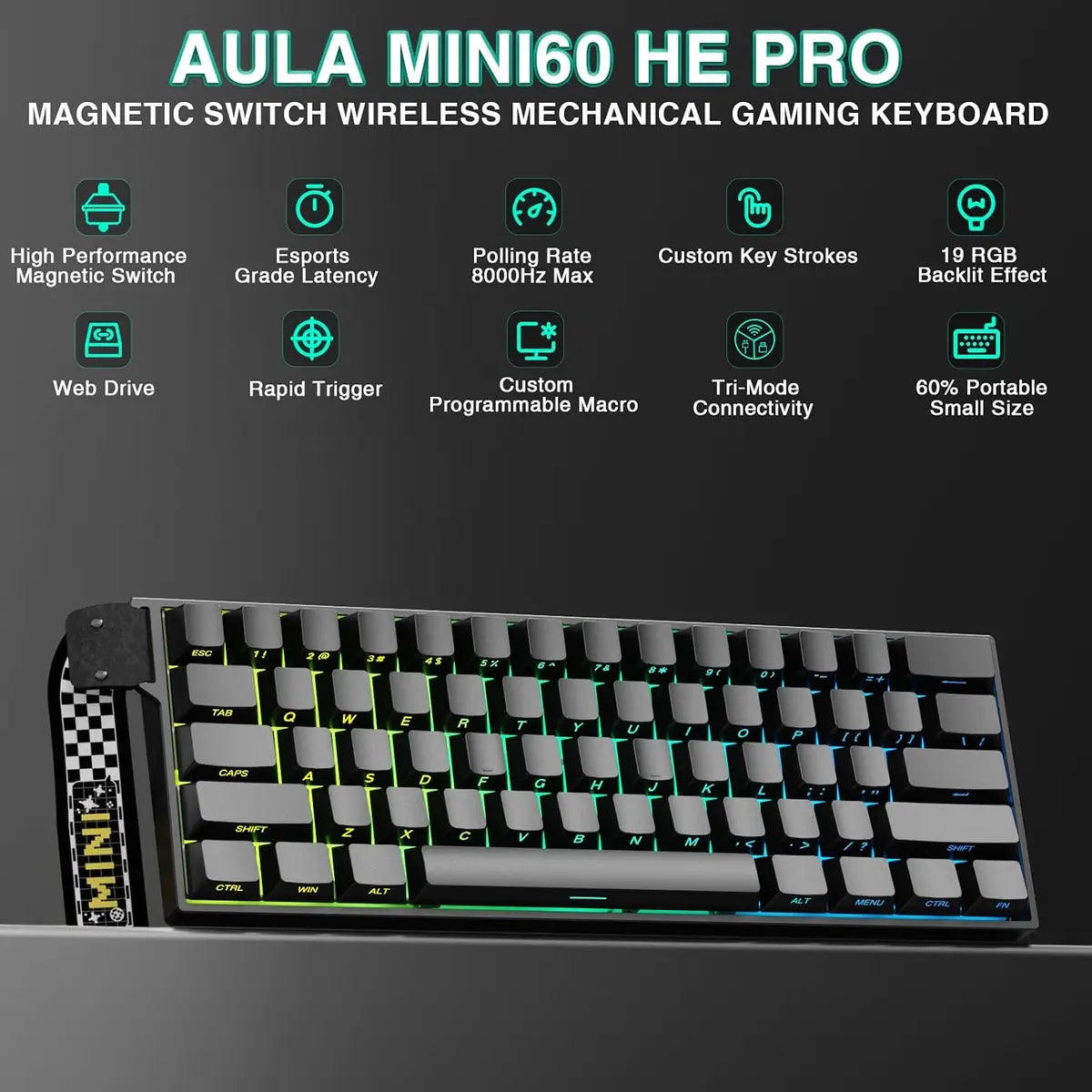 Aula MINI60 HE PRO Wireless Gaming Keyboard - Black Side Engraved - Stomrise Magnetic Switches