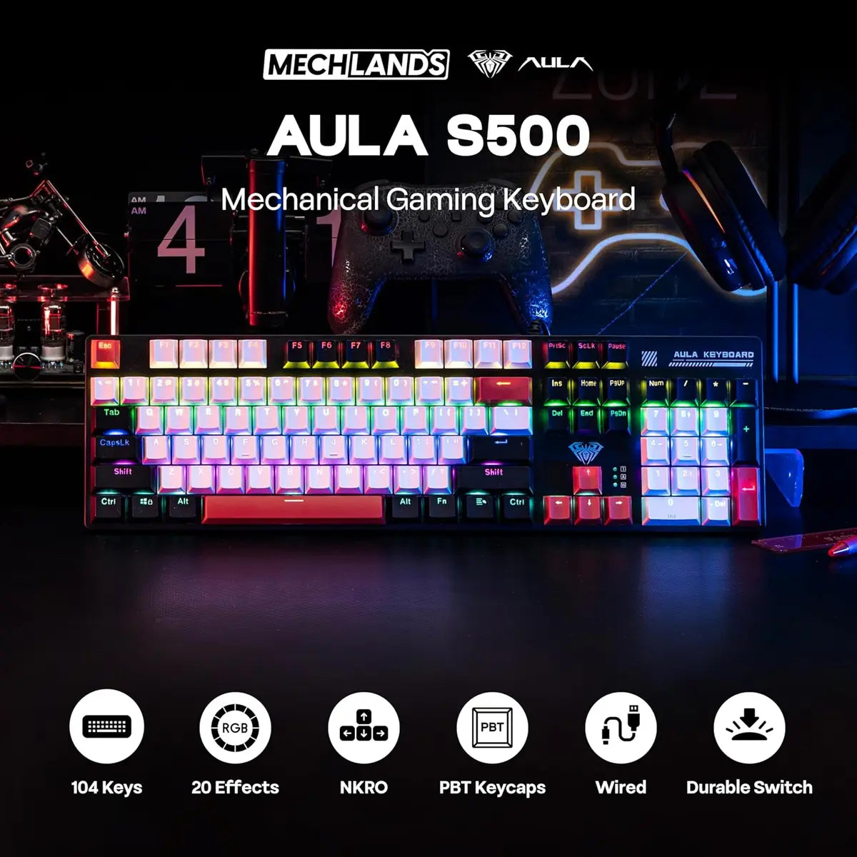 Aula S500 Wired 100% Full Size Mechanical Keyboard with Number Pad - Black/Red