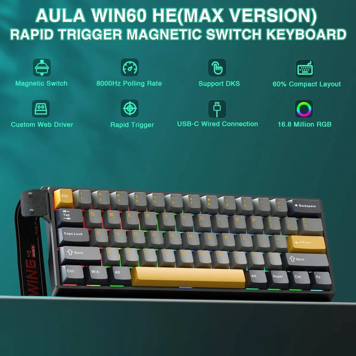 Aula WIN60 HE Max 65% Wired Gasket-Mounted Gaming Keyboard - Grey/Yellow