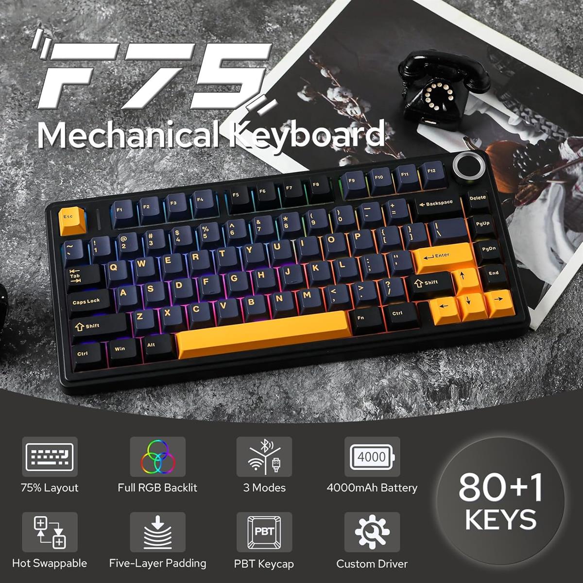 Epomaker x Aula F75 75% Wireless Hot Swappable Gaming Keyboard - Black (Ice Vein Switch)