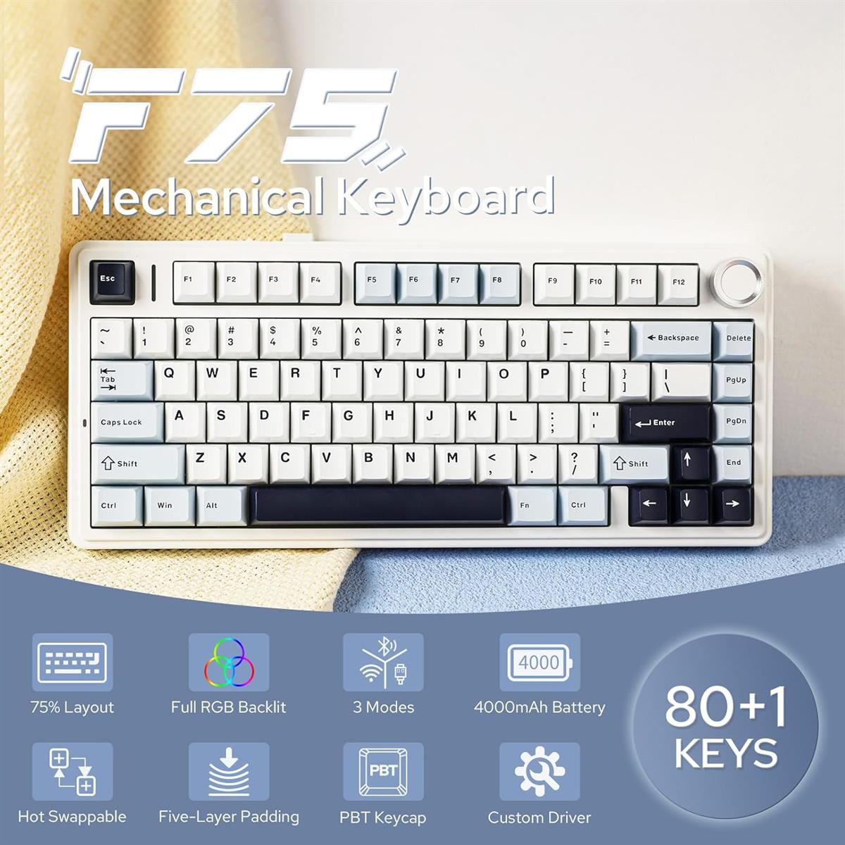 Aula F75 Gasket 75% Wireless Hot Swappable Gaming Keyboard - Light Blue (LEOBOG Reaper Switch)