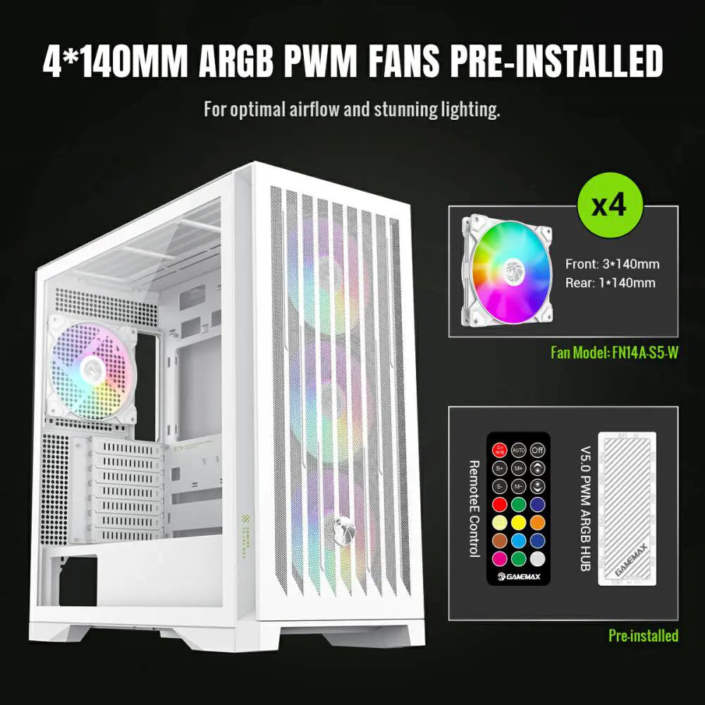 GameMax Leader 2 WH ARGB Mid-Tower eATX Gaming Case - White