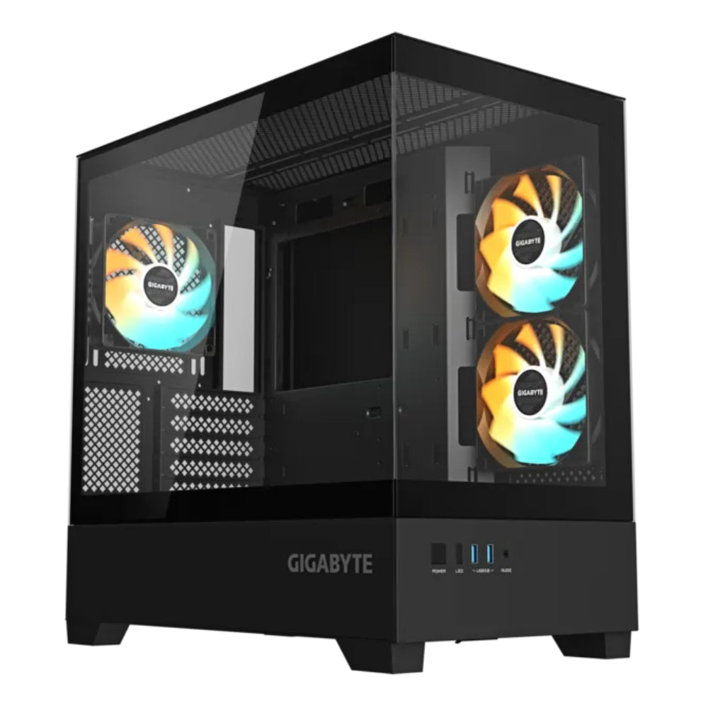 GIGABYTE C201 PANORAMIC Micro-ATX Mid Tower PC Gaming Case, Pre-installed 3x ARGB Fans – Black